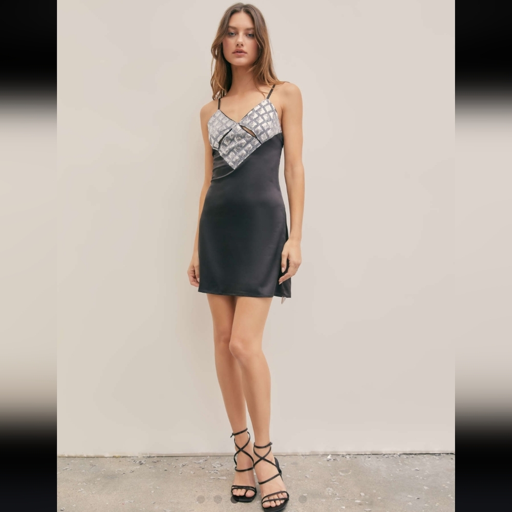 Cider Mini Dress S NWT Glam Rave Party Y2K Slip Dress Black Silver Satin Shimmer